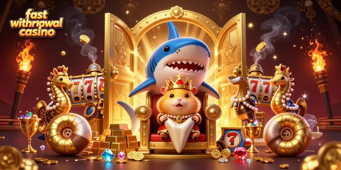 Experience the fast withdrawal casino thrills with a hamster king seated on a megalodon throne amid treasures and vibrant casino elements.