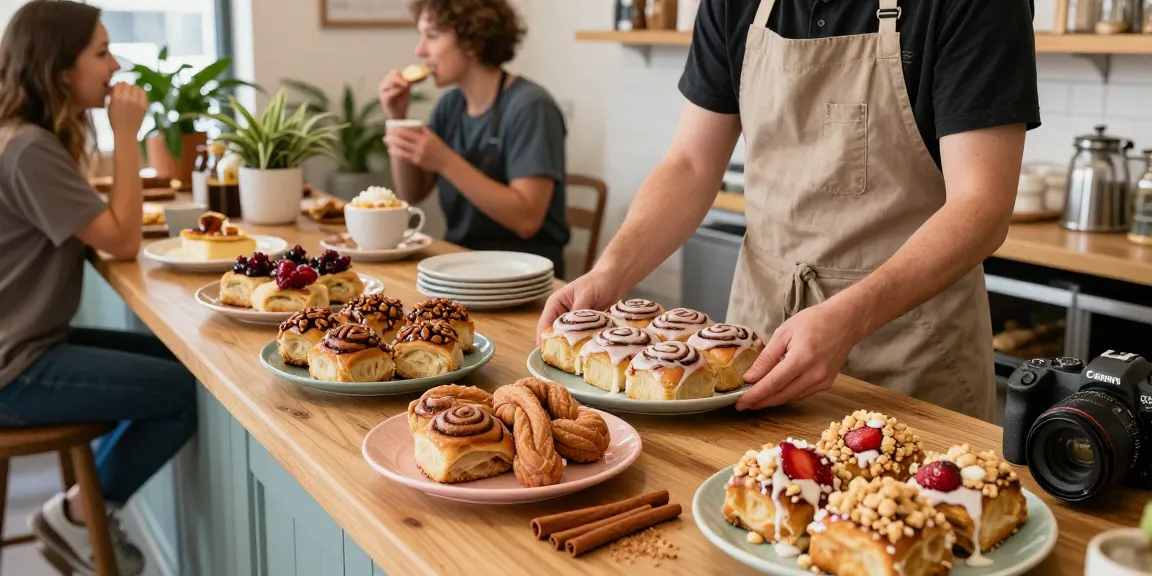 Delicious cinnamon buns showcasing Dessert Calgary in a cozy café environment.