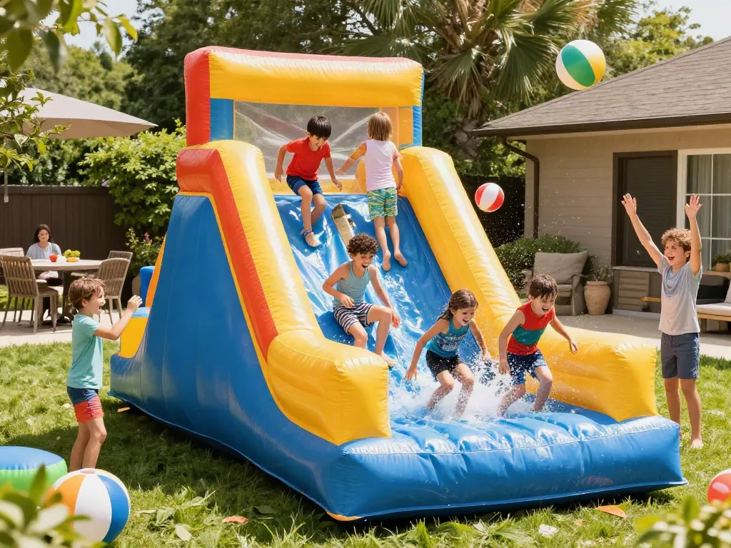 Kids having fun on a colorful inflatable water slide in a sunny backyard setting