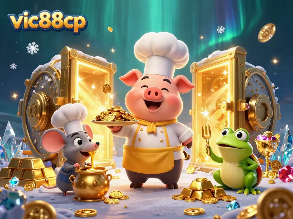 Experience the thrill of gaming at vic88cp with a vibrant 3D scene featuring a chef pig, a tasting mouse, and a critic frog.