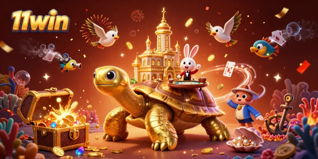 Play thrilling games at 11win's vibrant casino world, featuring golden tortoise and rabbit dealer.