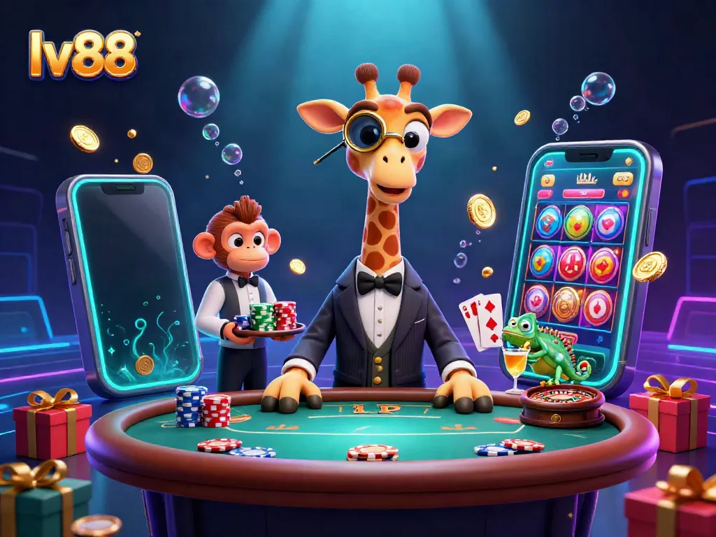 Experience the excitement of lv88 with high-roller giraffe, monkey valet, and chameleon bartender in a dynamic casino scene.