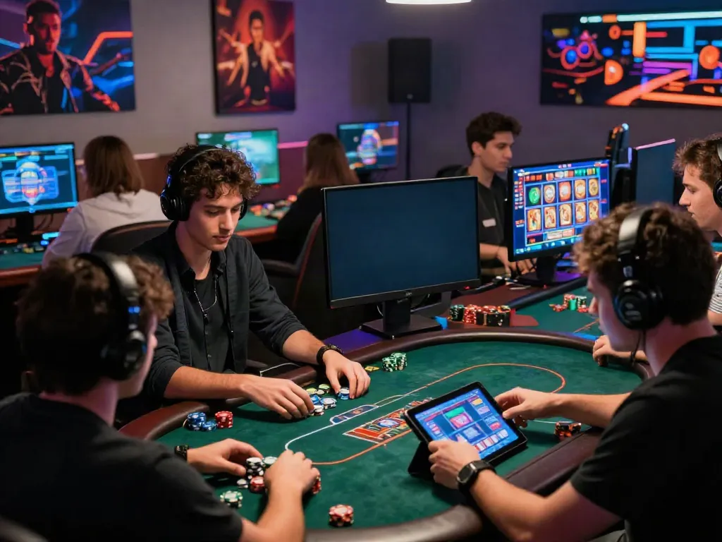 Diverse players engaging in interactive games at the NBET online casino, showcasing excitement and technology.