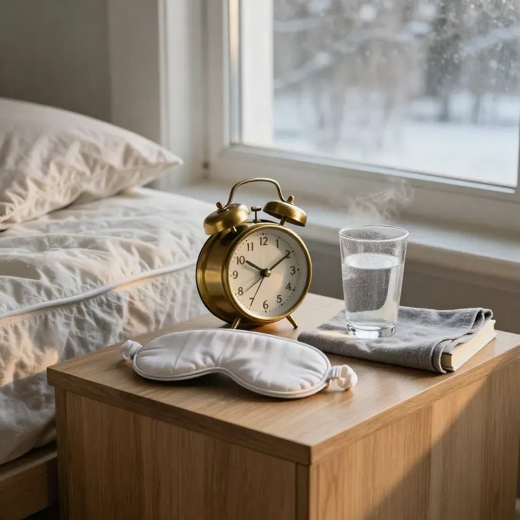 Bedside still life with alarm clock, sleep mask, water, blanket and book at frosty dawn