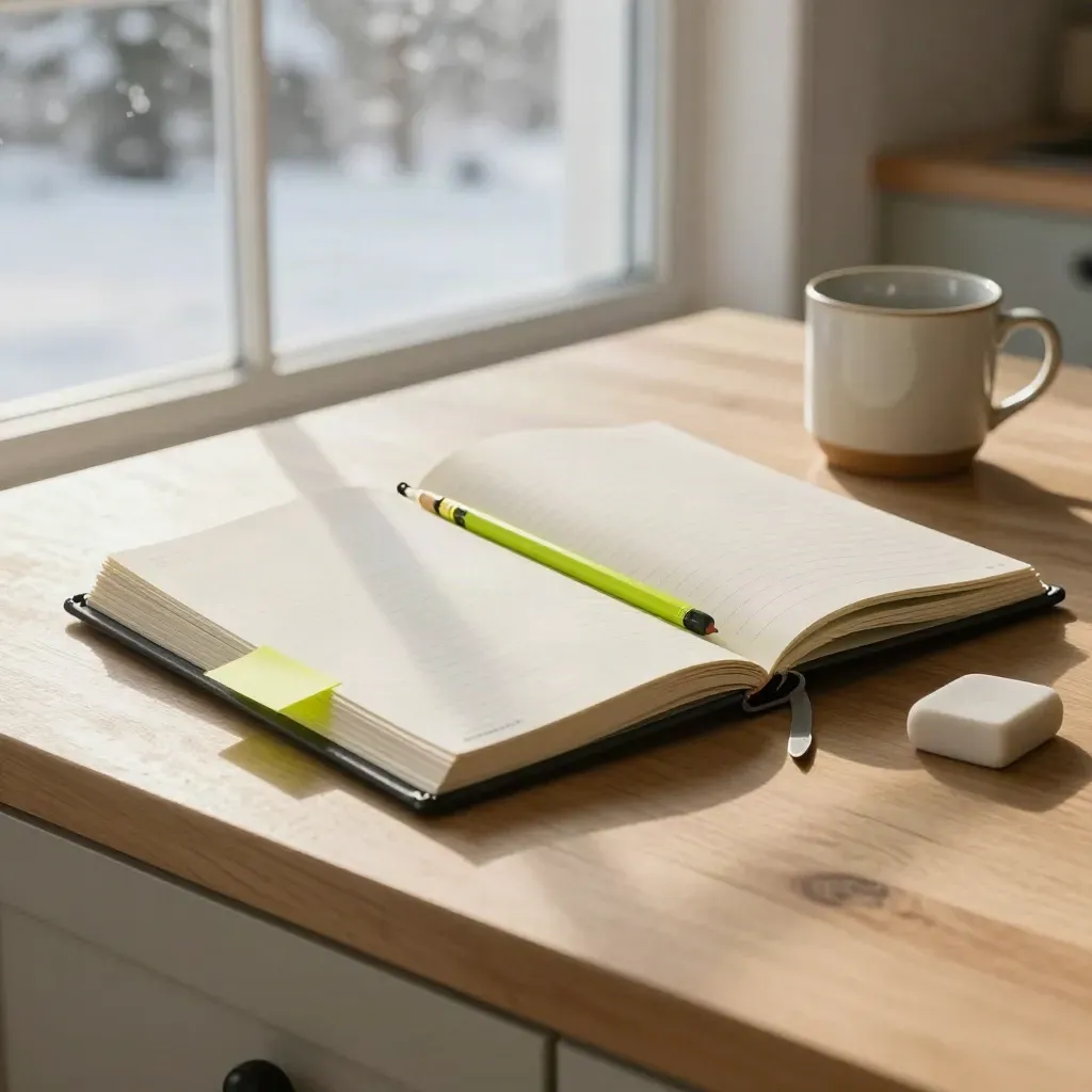 Open ring planner, sticky tabs, pencil and mug on a snowy kitchen island by the window.