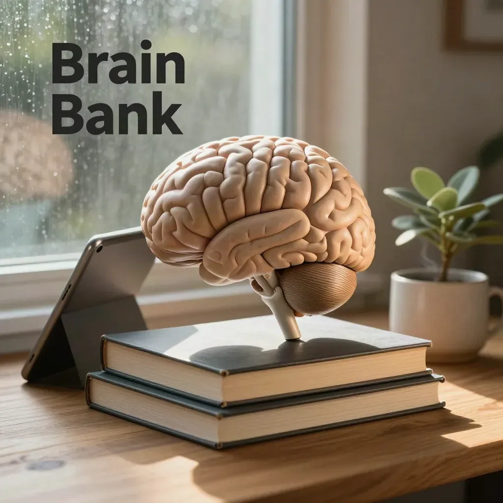 Brain model, books, tablet, mug, and plant on wood in dramatic rainlit study scene.