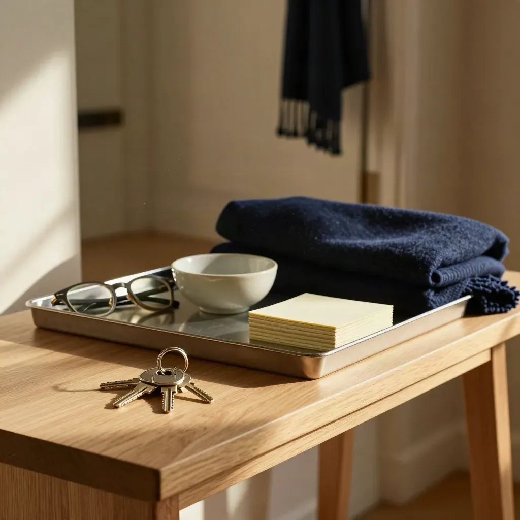 Entryway tray with keys, glasses, scarf, bowl, and note cards in warm late-afternoon light.