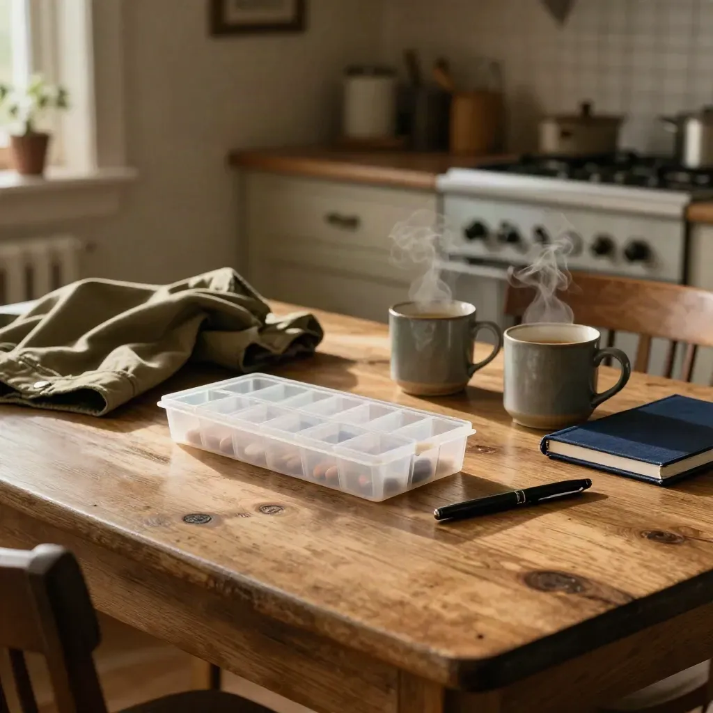 Tabletop care essentials at dusk: pill organizer, mugs, cardigan, notebook and pen in a warm kitchen.