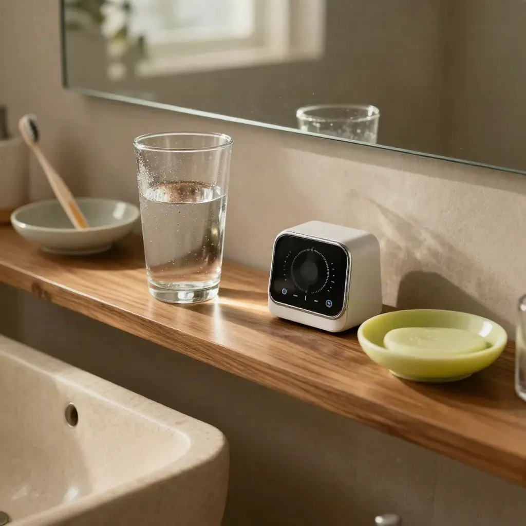 Bathroom shelf with water glass, timer, dish, toothbrush and steam in soft morning light.