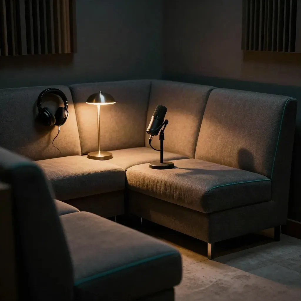 Empty podcast studio chairs, mic, headphones, and warm lamp glow before an interview