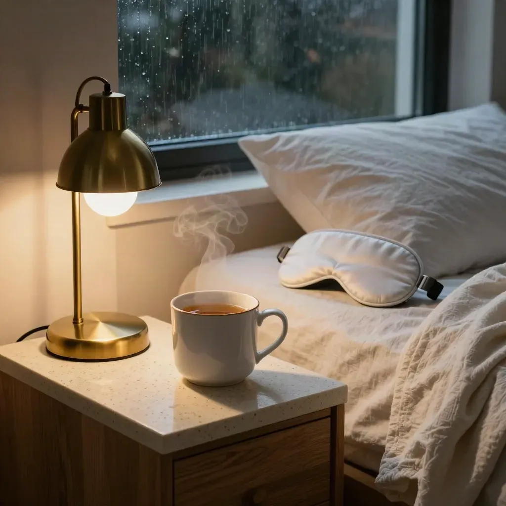Bedside lamp, steaming herbal tea, sleep mask and throw in a rainy bedroom corner
