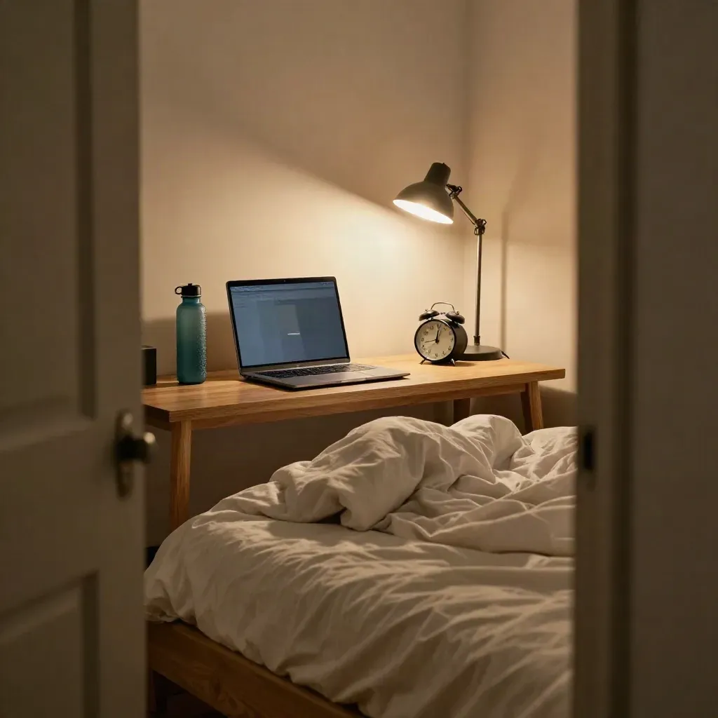 Late-night student study nook with laptop, teal water bottle, lamp, alarm clock, and rumpled bed.