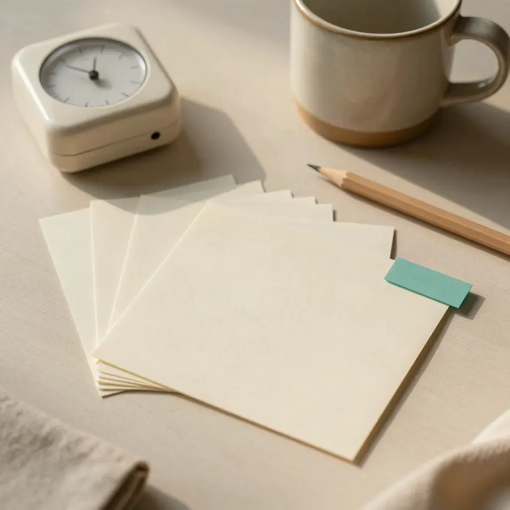 Top-down study cards, timer, pencil and mug on a pale table with teal tabs.