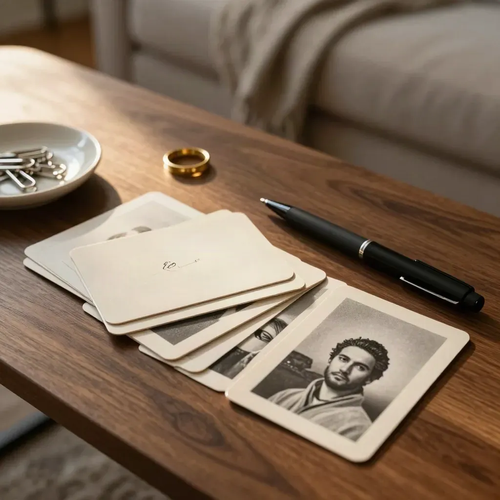 Overhead of splayed flashcards, pen, brass ring and clips on a walnut living-room table.