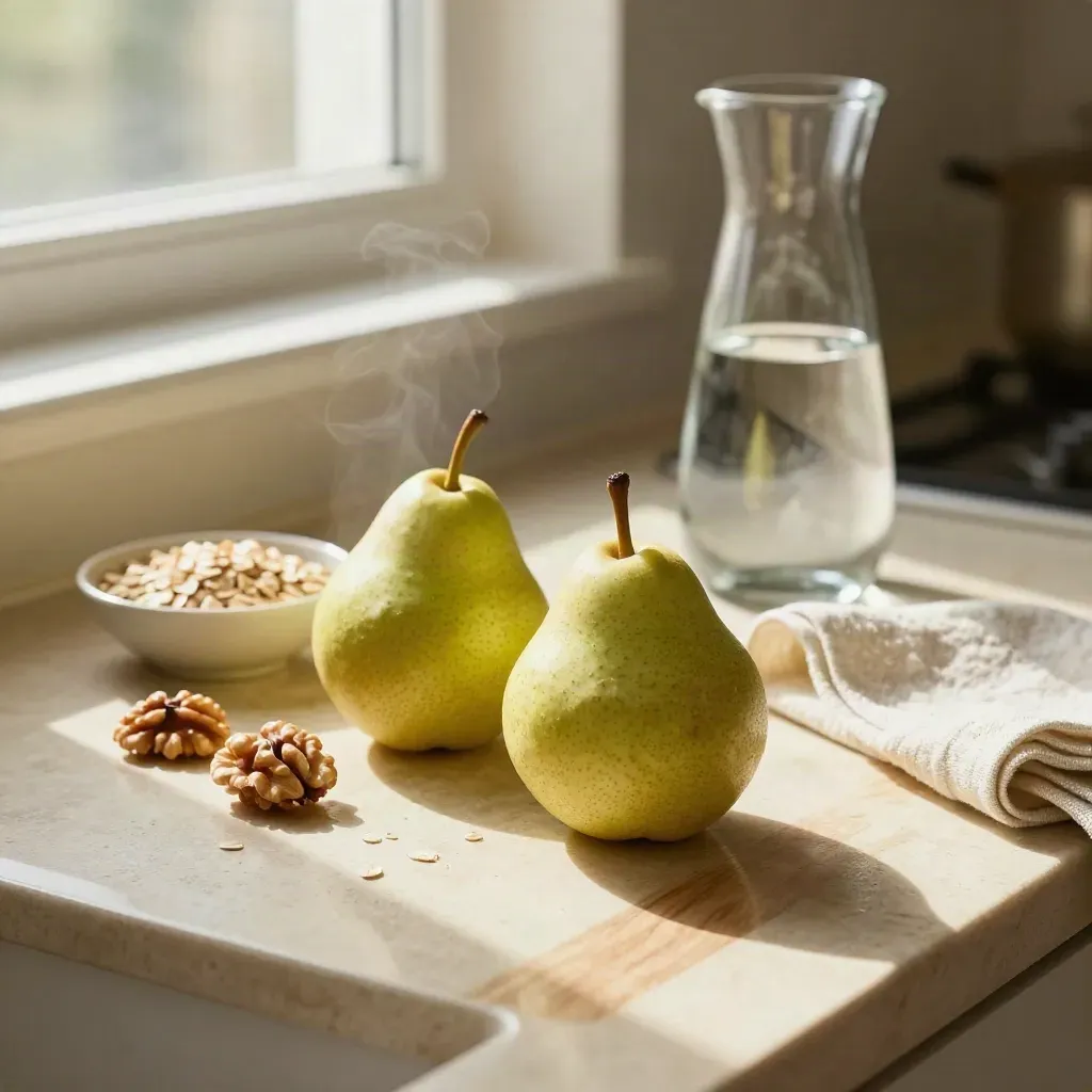 Pears, oats, walnuts and water on a sunlit kitchen counter in warm cozy light.