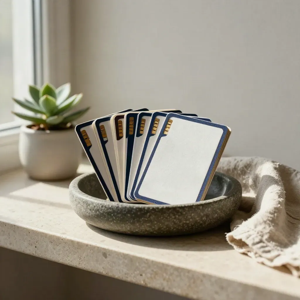 Tabbed memory cards in a stone dish beside linen and a small plant on a calm shelf.