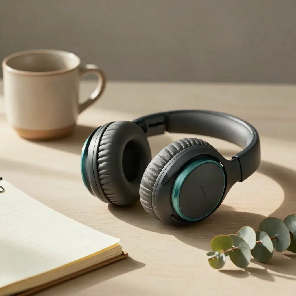 Noise-canceling headphones beside a cup, note pad, and greenery on pale wood