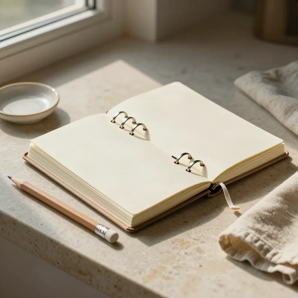 Open ring planner with pencil and ceramic dish on a limestone surface.