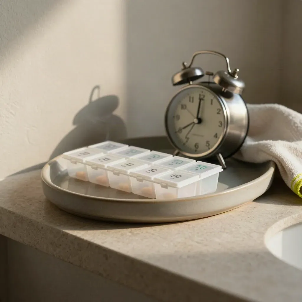Pill organizer, alarm clock, and folded towel on a ceramic tray in soft morning light.