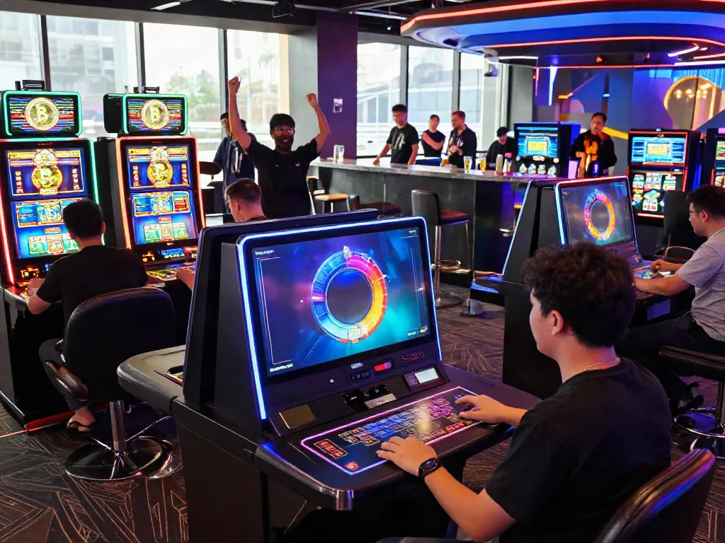 Casino scene showcasing players at a crypto casino Canada that accepts bitcoin, vibrant games, and a lively atmosphere.