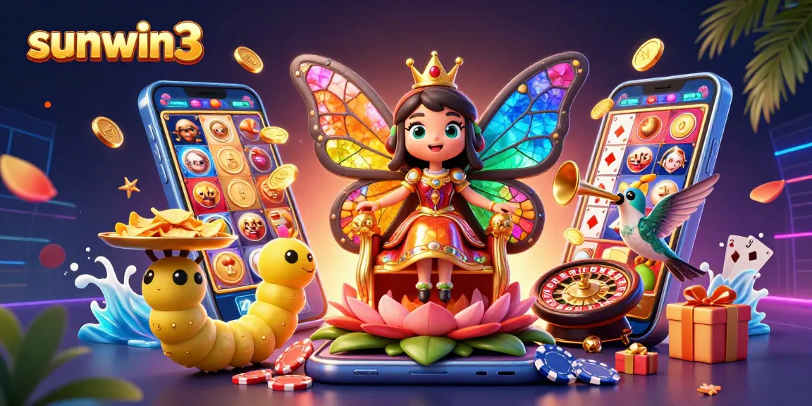 Spin the reels at sunwin3 with a vibrant 3D illustration featuring a butterfly queen and exciting game elements.