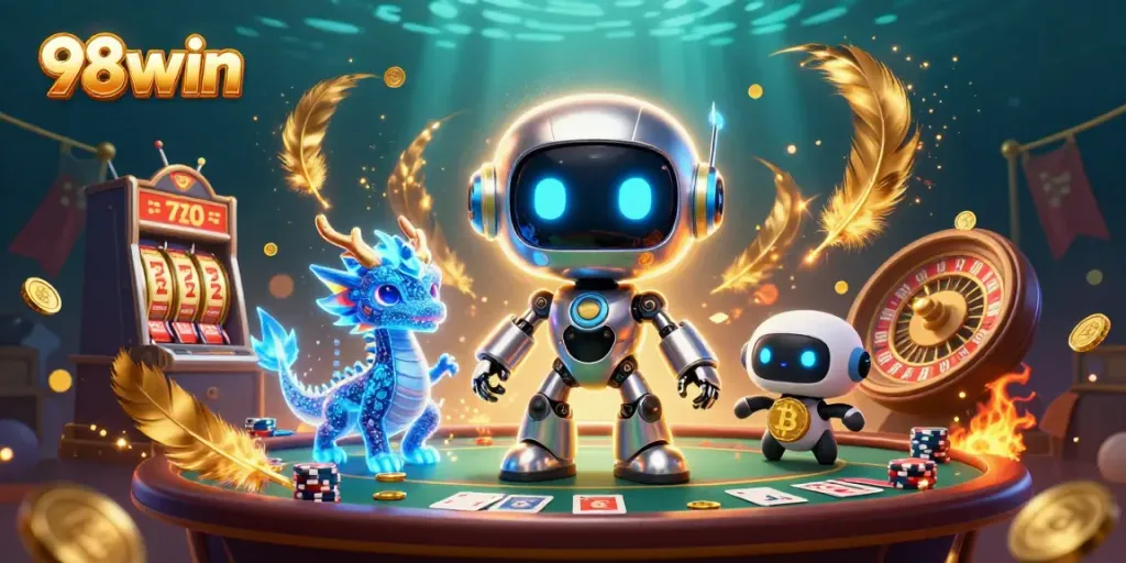 Engage with 98win's thrilling casino experience featuring a vibrant 3D cyberpunk mascot and gaming elements.