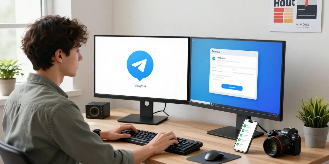 Telegram download interface displayed on dual monitors in a modern tech workspace.