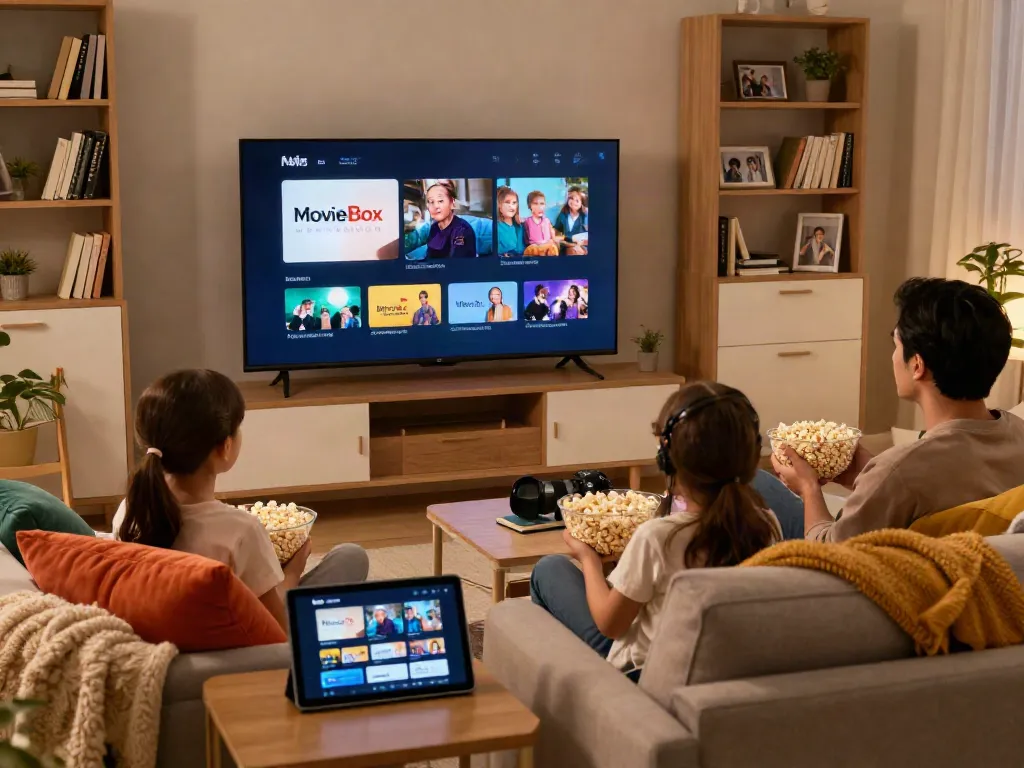 Family enjoying movie night with the MovieBox download app displayed on a tablet in their cozy living room.