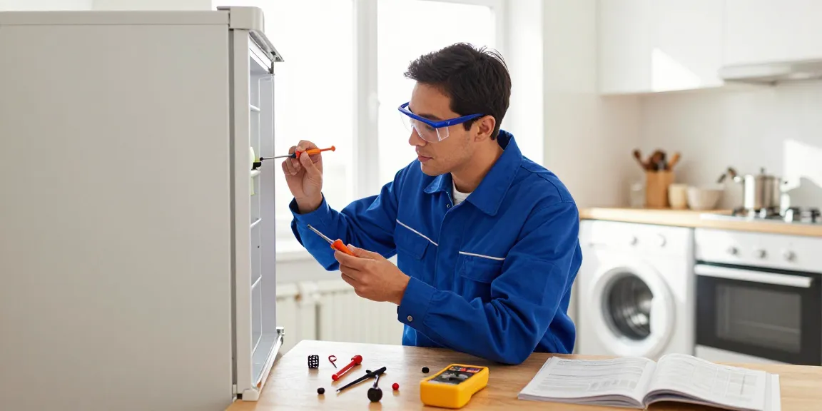 Appliance repair near me: Technician fixing a refrigerator in a bright kitchen.