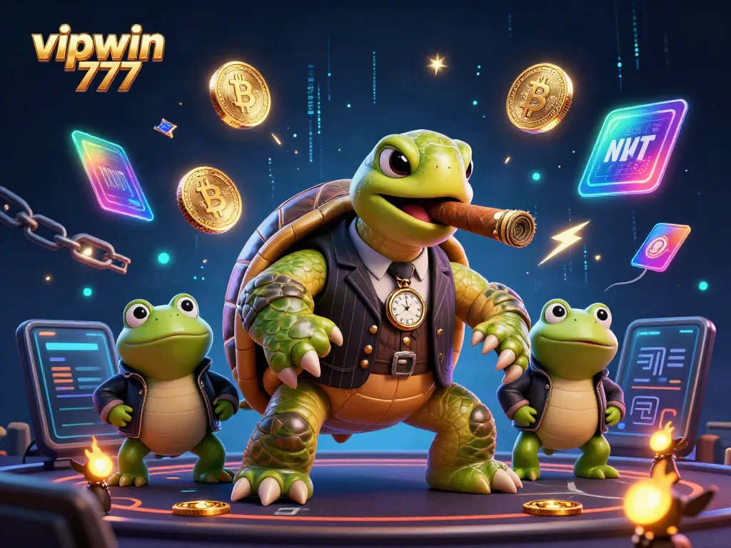 Engage with vipwin 777 as an ultra-detailed 3D cartoon scene featuring a snapping turtle and bullfrog enforcers.