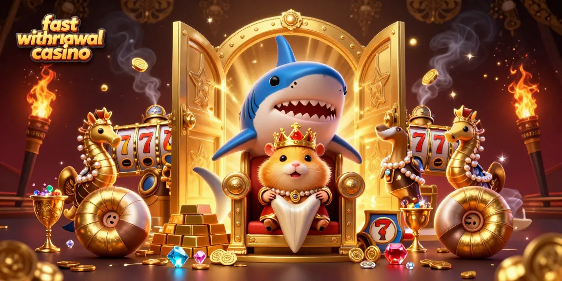 Experience the fast withdrawal casino thrills with a hamster king seated on a megalodon throne amid treasures and vibrant casino elements.